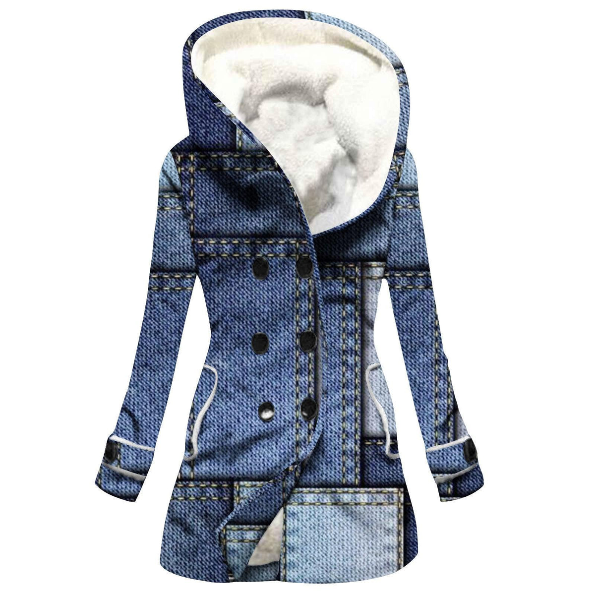 Hooded winter coat with double-breasted buttons and flap pockets, denim look print