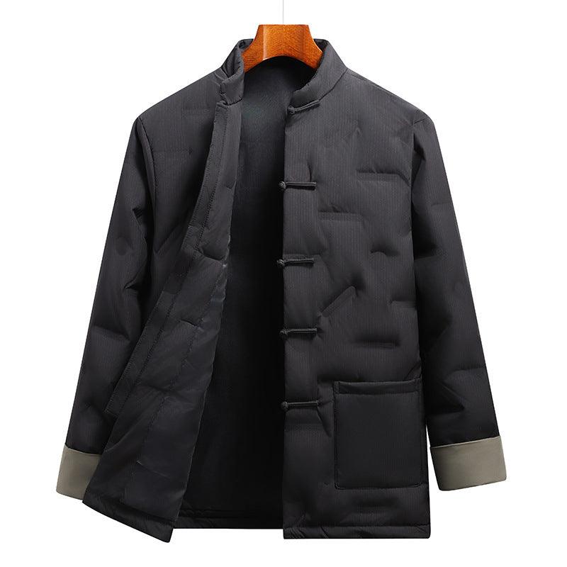 Black Chinese Tang down jacket with stand collar, frog-button front, chest pocket, tan cuffs.