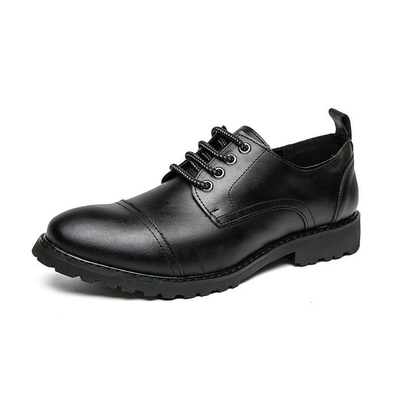 Men's black leather lace-up shoe with lace-up front and textured tread sole