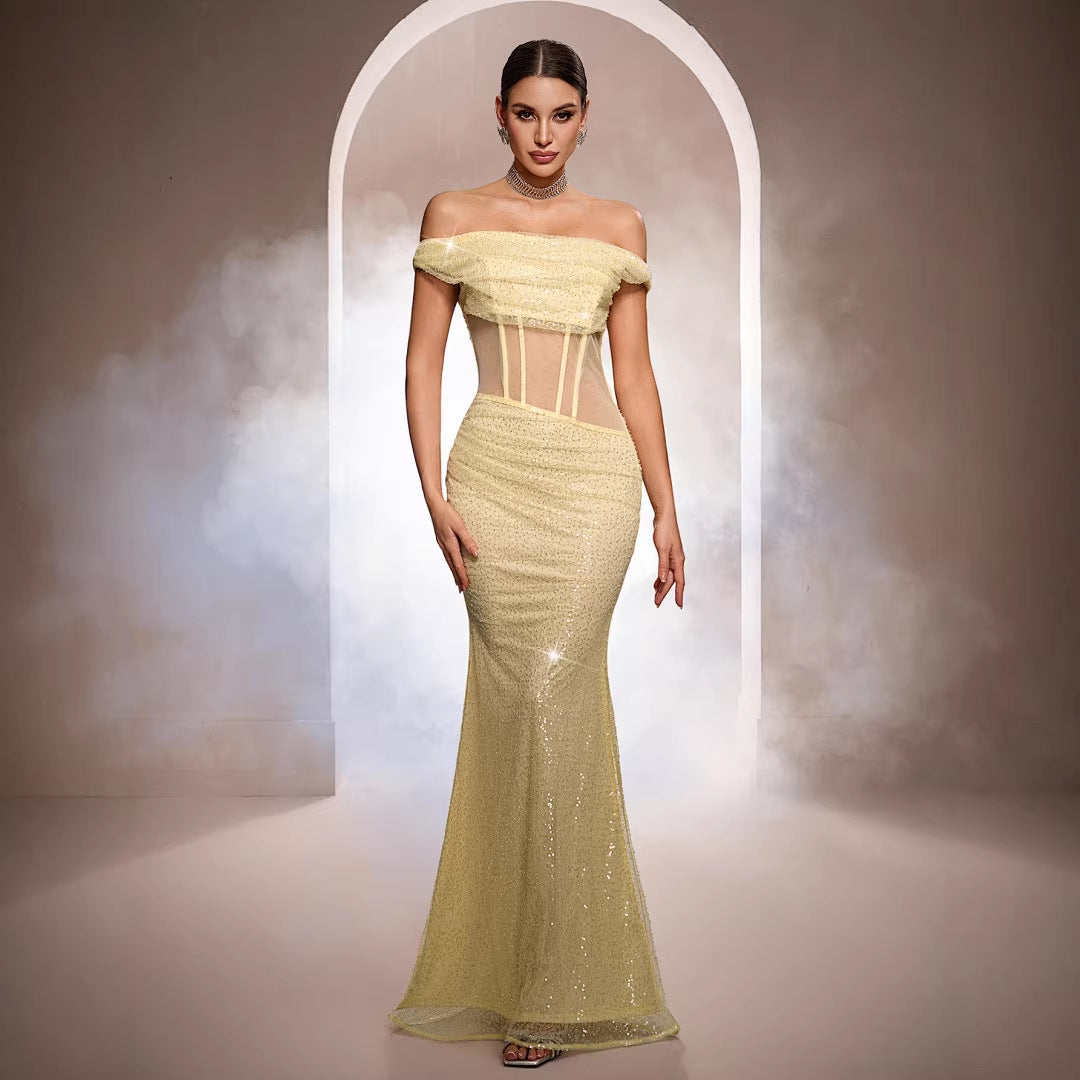 Yellow Sequin Off-Shoulder Mermaid Evening Gown – product image 1
