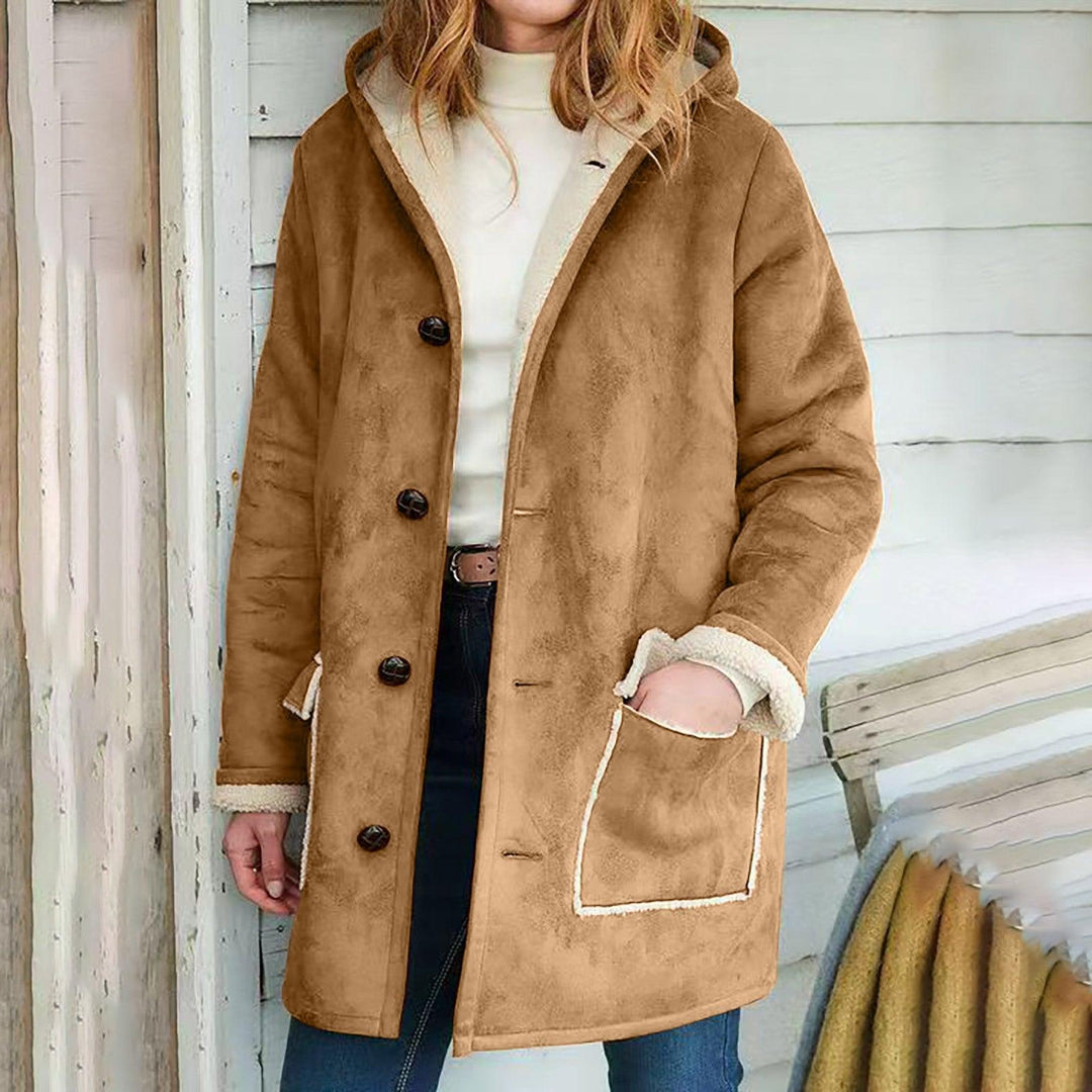 Tan suede hooded coat with button front and sherpa-lined side pockets