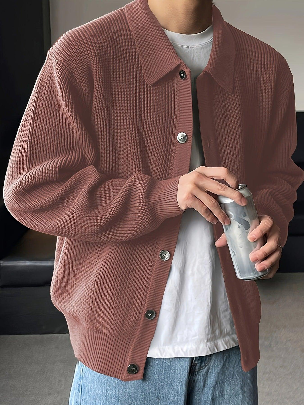 Men's ribbed knit cardigan, dusty rose-brown button-front with point collar