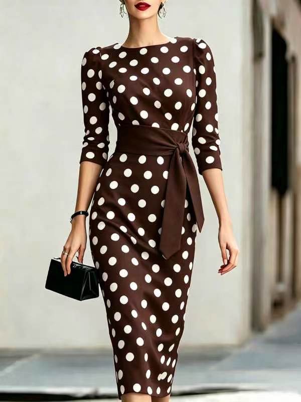Women's polka-dot tie-waist bodycon midi dress