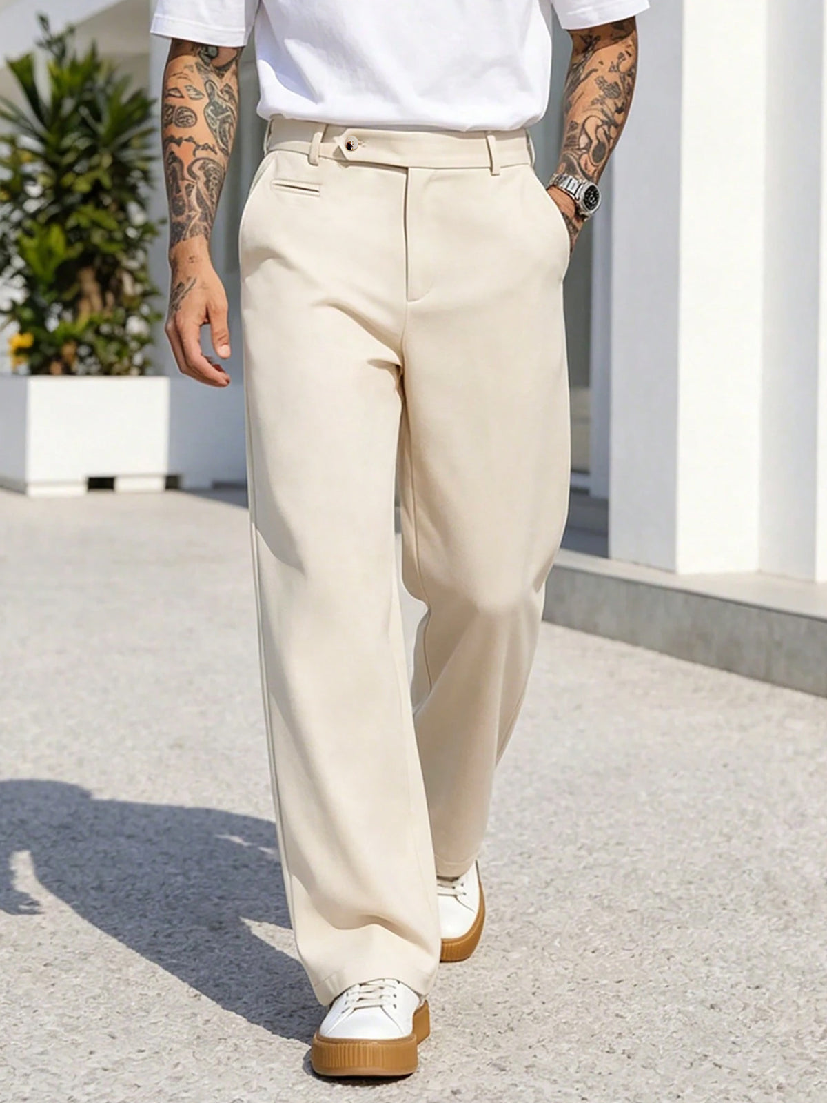 Khaki men's high-waisted wide-leg casual pants with belt loops and relaxed wide legs