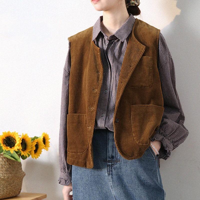 Caramel corduroy vest coat with pointed collar, button front, and two chest pockets