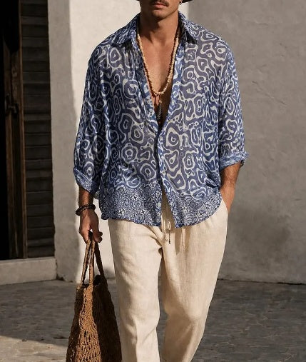 Blue sheer oversized shirt with Mediterranean mosaic print, open collar, 3/4 sleeves