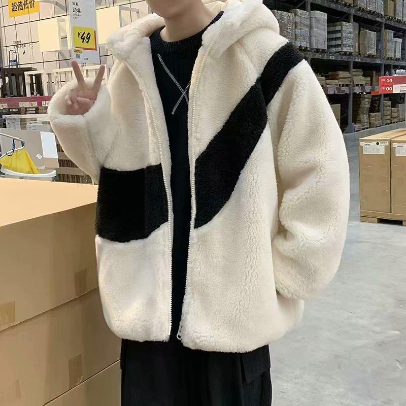 White and black sherpa hooded coat with zip-front, color-block diagonal panel