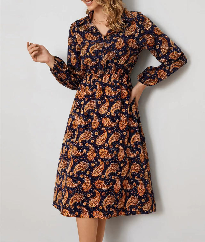 Women's Polyester Casual Long-sleeved Floral Shirt Dress - WOMONA.COM