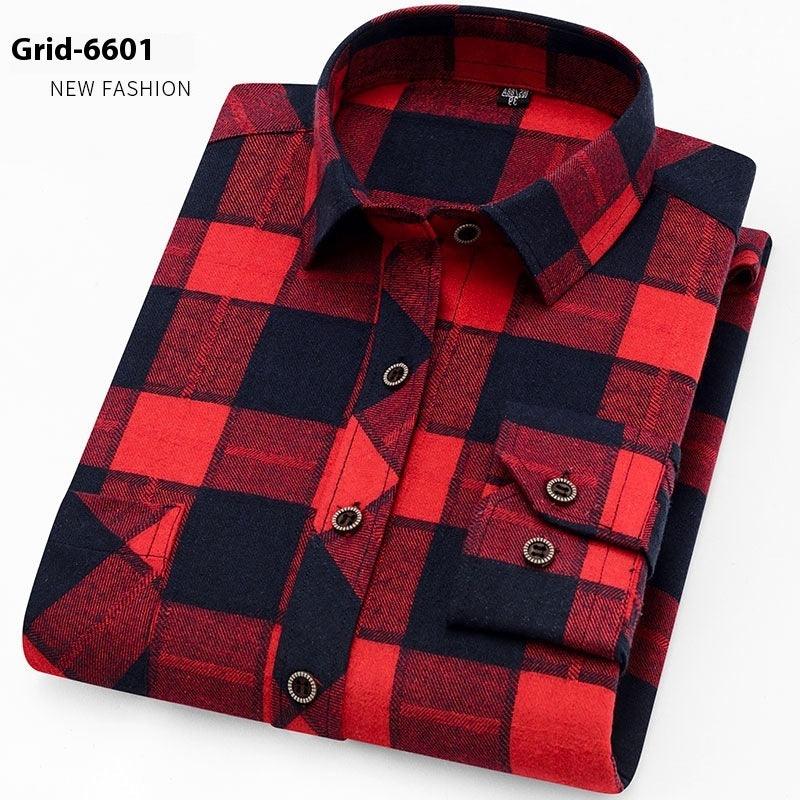 Red and navy buffalo-check button-up shirt with stand collar and chest pocket.