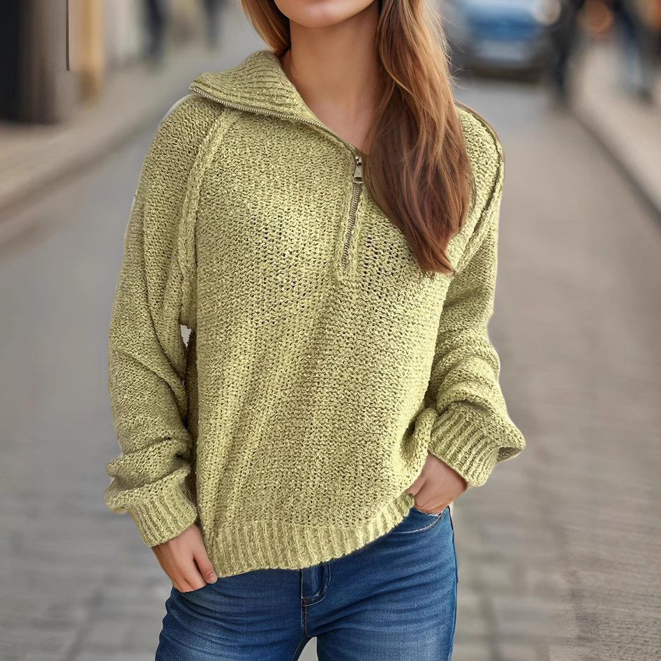 Women's Lapel Zip-Up Long-Sleeve Pullover Sweater