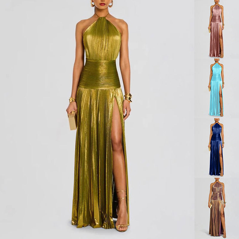 Women's pleated halter slit maxi dress – product image 1