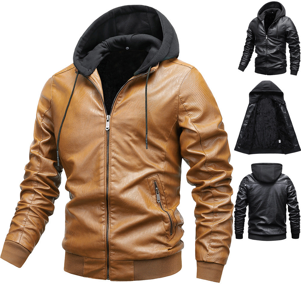 Men's khaki stand collar PU leather jacket