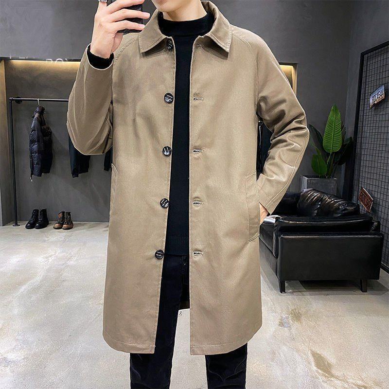 Men's mid-length trench coat, beige, button-front with stand collar