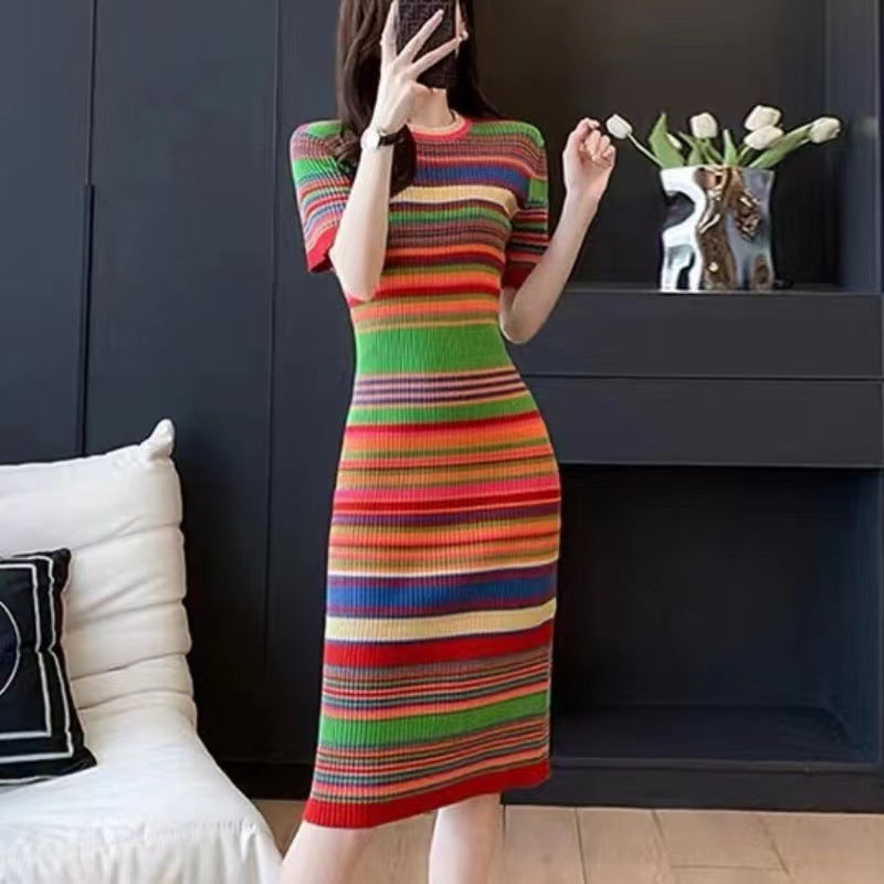 Women's Fashion Temperament Striped Knitted Dress - WOMONA.COM