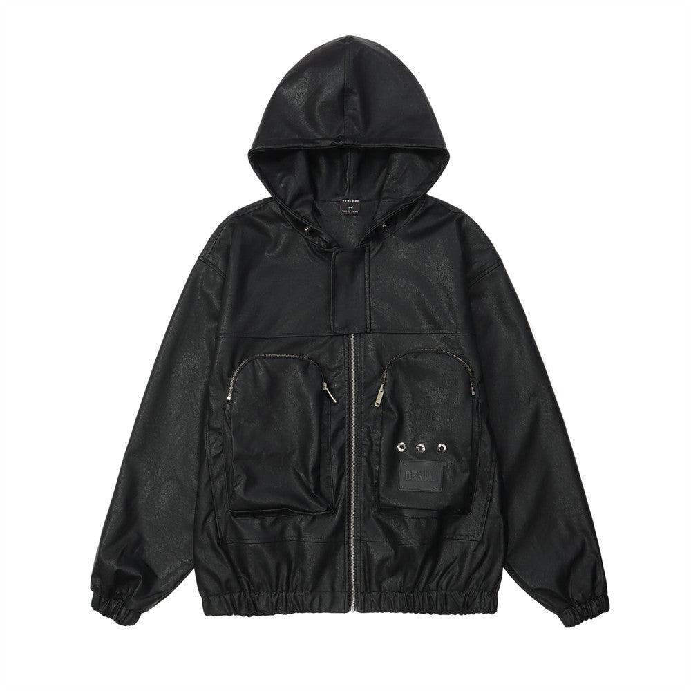 Dark Motorcycle Style Hooded Leather Jacket Men - WOMONA.COM