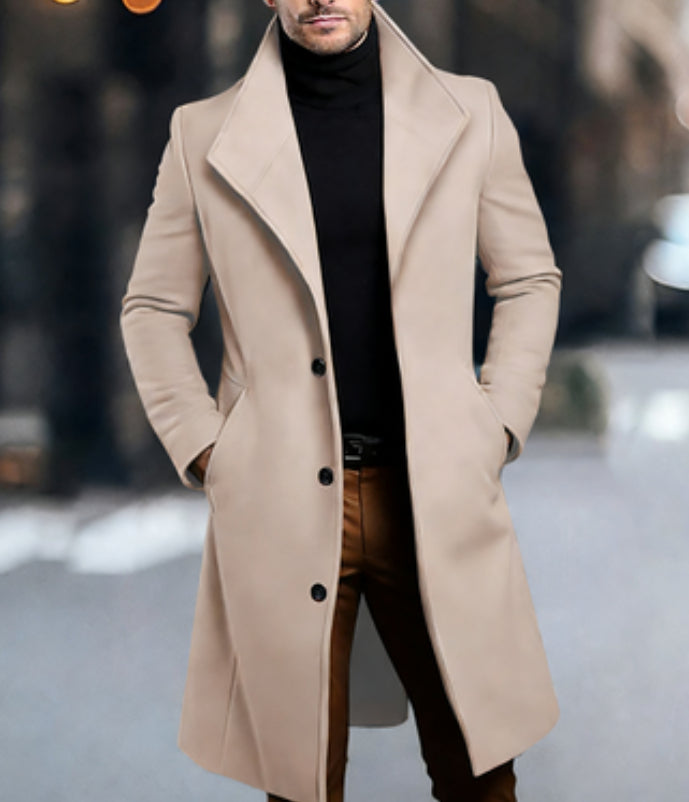 Men's mid-length wool coat, beige, notch lapel, button-front.