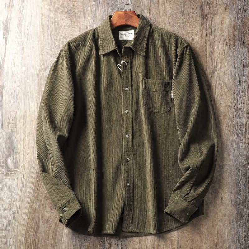 Long-sleeved thick casual shirt in army green, button-front with chest pocket