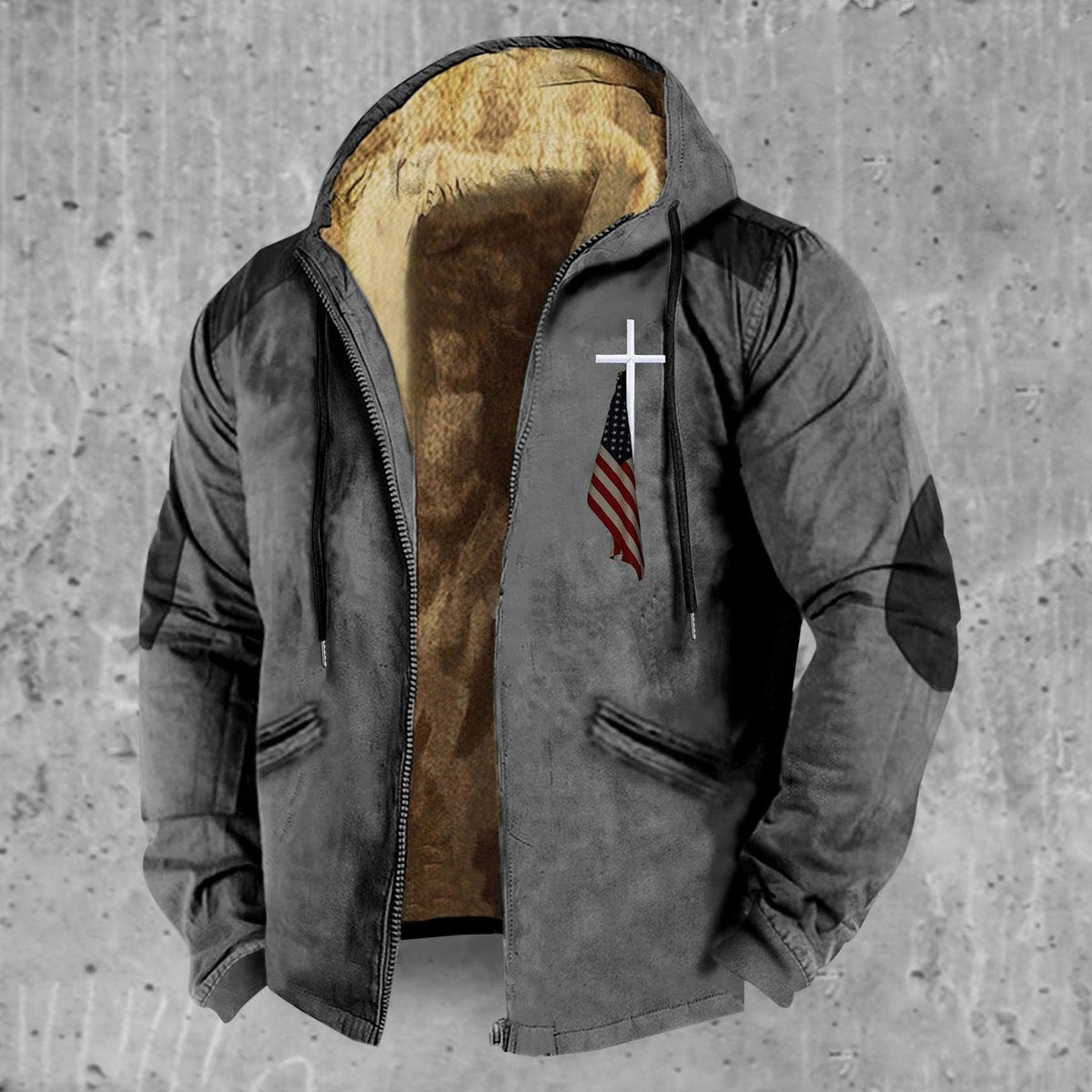 Gray hooded padded jacket, zip front open to show tan shearling lining and chest patch