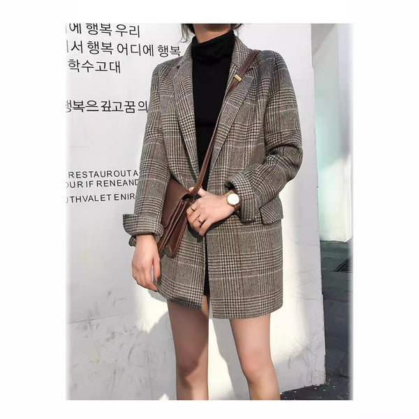 All-match Mid-length Woolen Plaid Suit