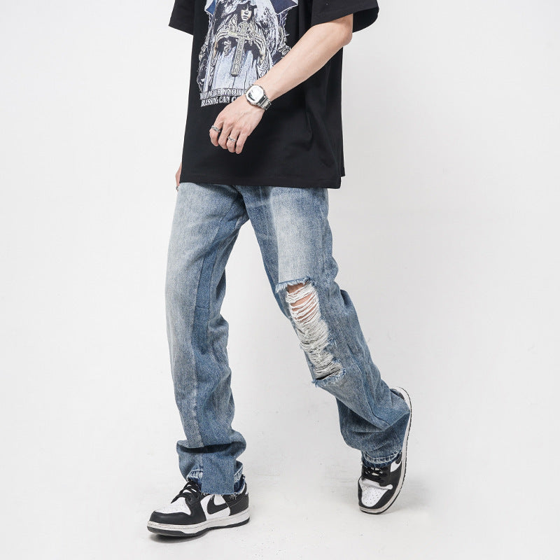 Men's Straight Loose Hole Jeans - WOMONA.COM