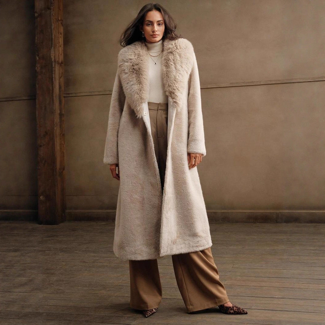 Beige faux fur long coat with open front and fuzzy shawl collar, below-knee length