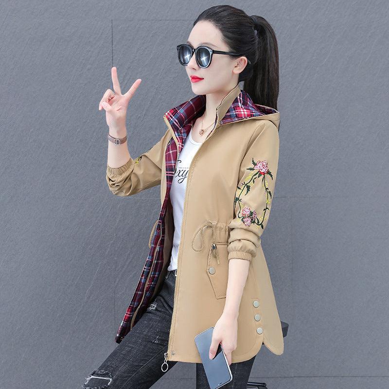 Women's hooded mid-length trench coat in khaki, floral embroidered sleeves and front button closure