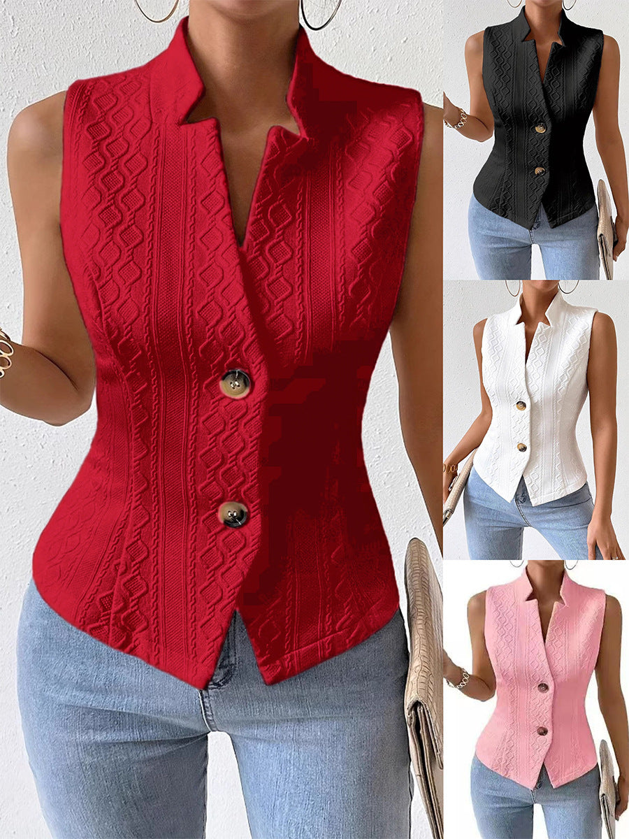 Red sleeveless V-neck buttoned vest jacket with textured front and gold buttons