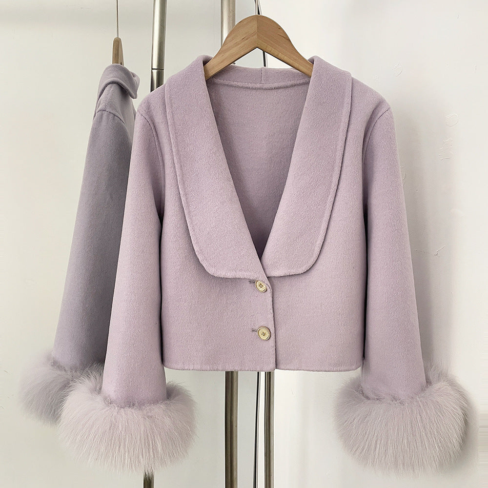 Lavender double-faced wool-cashmere coat with draped lapel, button front, and faux fur cuffs