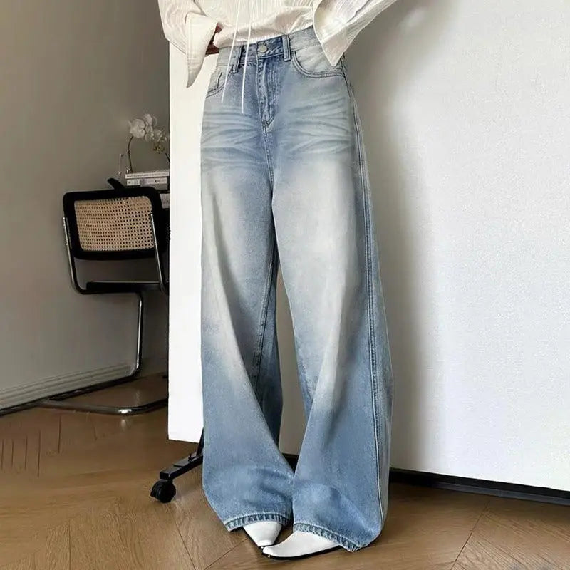 White Gradient Color Loose Wide-leg Jeans - WOMONA.COM