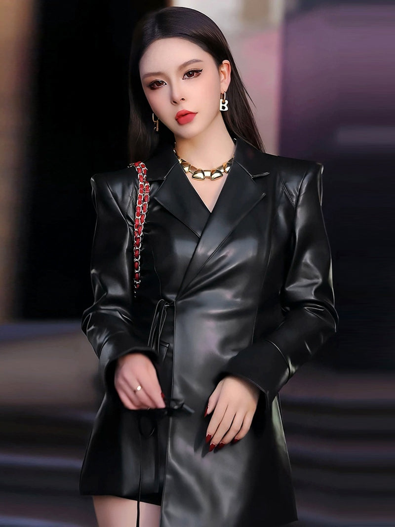 Black PU Leather Suit Jacket For Women - WOMONA.COM