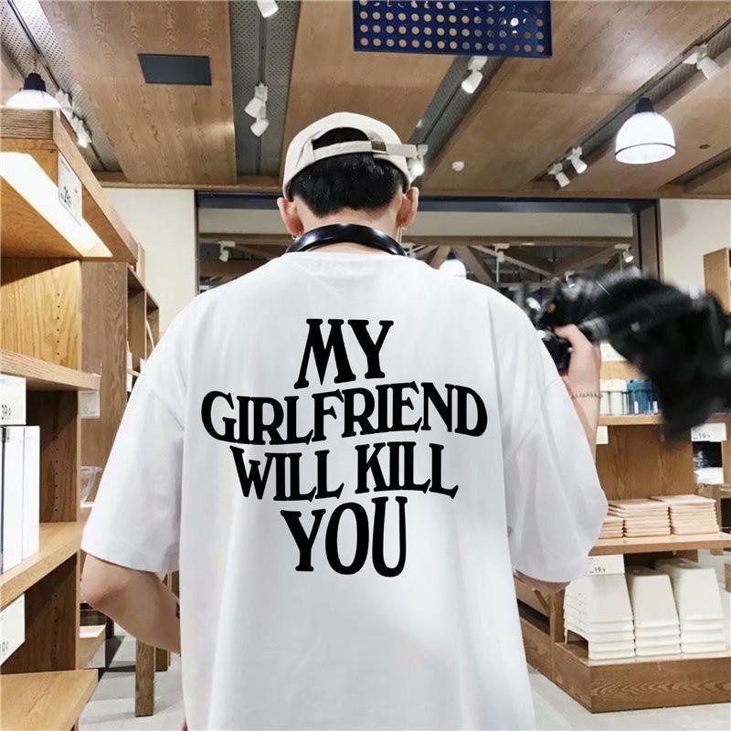 White European-size T-shirt with large back text graphic, short sleeves