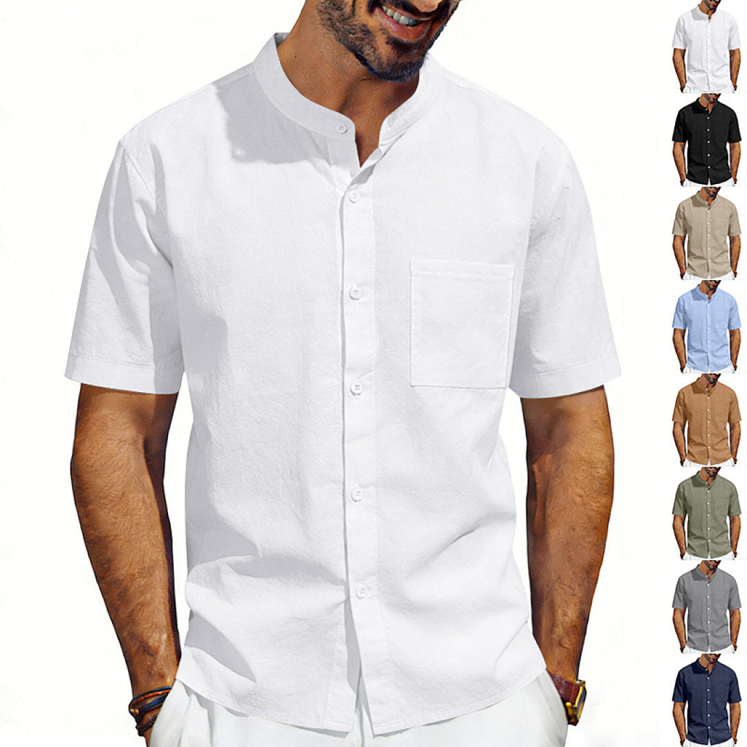 Men’s white linen short-sleeve shirt, mandarin collar, button-front with chest pocket