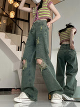 American Dark Green Torn Jeans With Wide Leg - WOMONA.COM