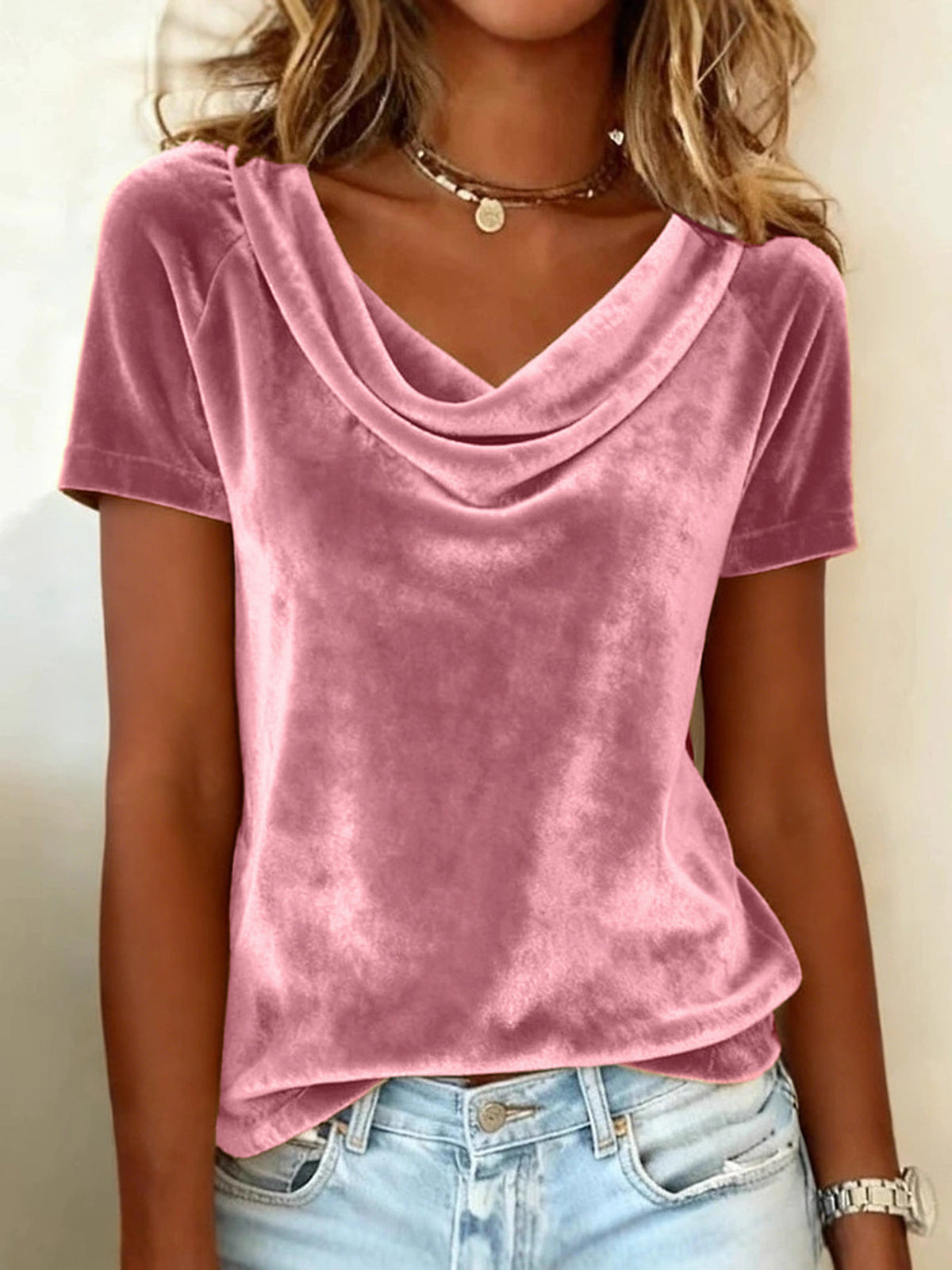 Velvet scoop-neck short-sleeve T-shirt in dusty pink, draped cowl neckline