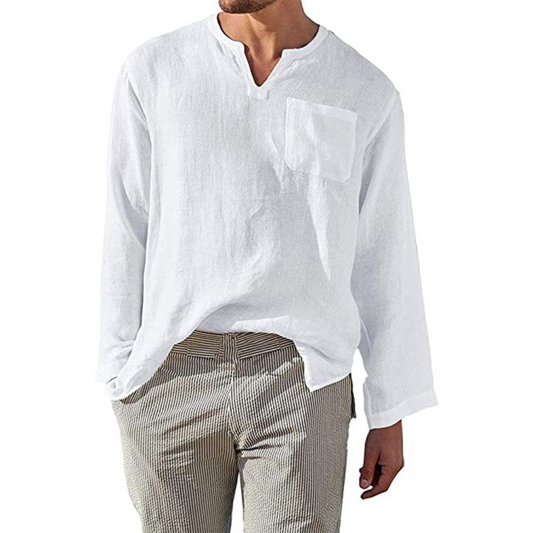 Men's linen long-sleeve shirt, solid white, V-neck with chest pocket