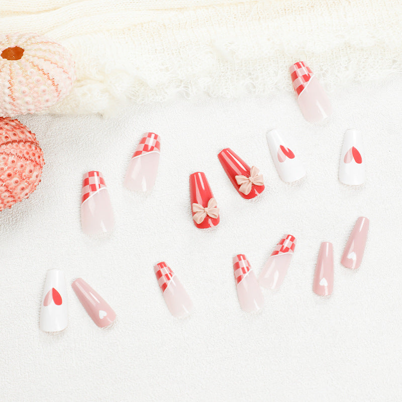 Grapefruit Red Chessboard Grid Manicure White Fake Nails - WOMONA.COM