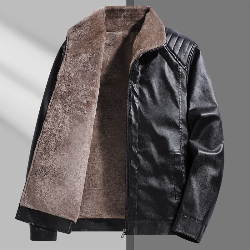 Men's thickened faux leather jacket with faux fur lining in black and coffee – photo 1 of 8