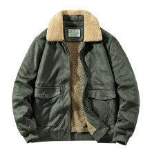 Suede velvet padded coat in dark green with tan shearling lining and zip front
