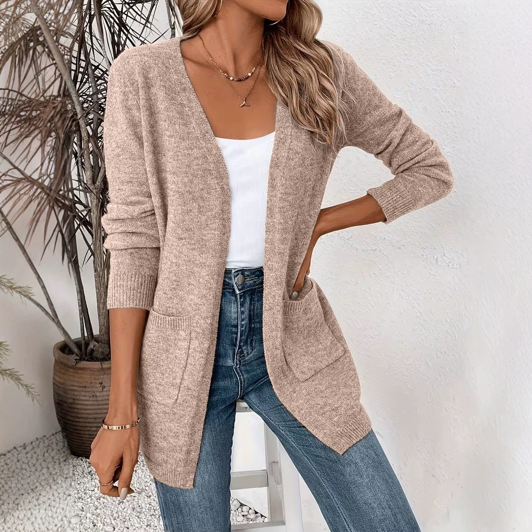Women's Knitwear, Pocket Cardigan, Mid Length Loose Solid-Color Outerwear