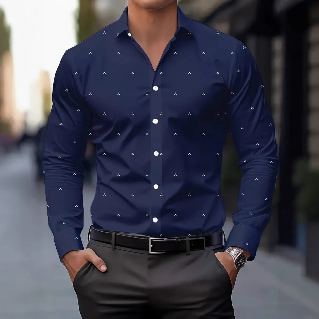 Men's navy blue button-down long-sleeve shirt with small printed polka dots