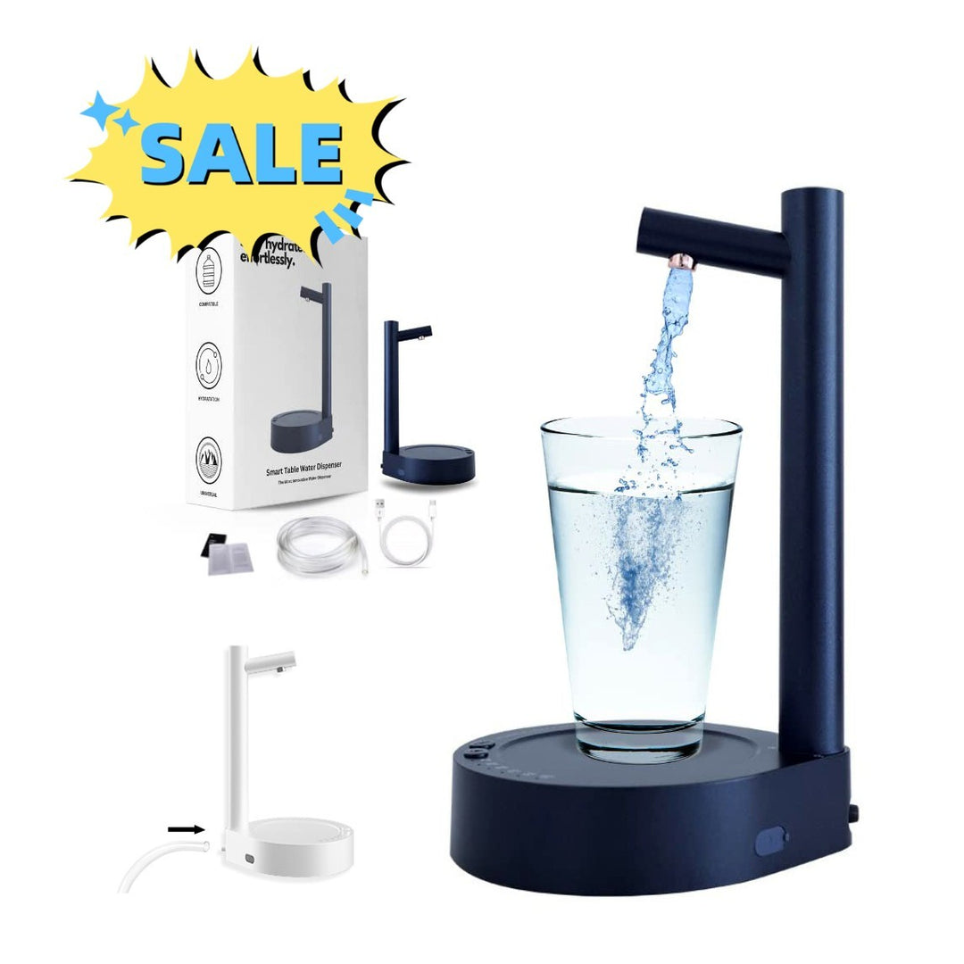 Electric automatic water dispenser with black base, spout, and cup with water stream