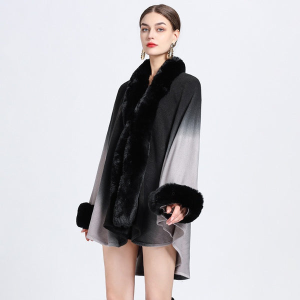 Rabbit Fur Collar Shawl Cape Knitted Cardigan Baggy Coat - WOMONA.COM