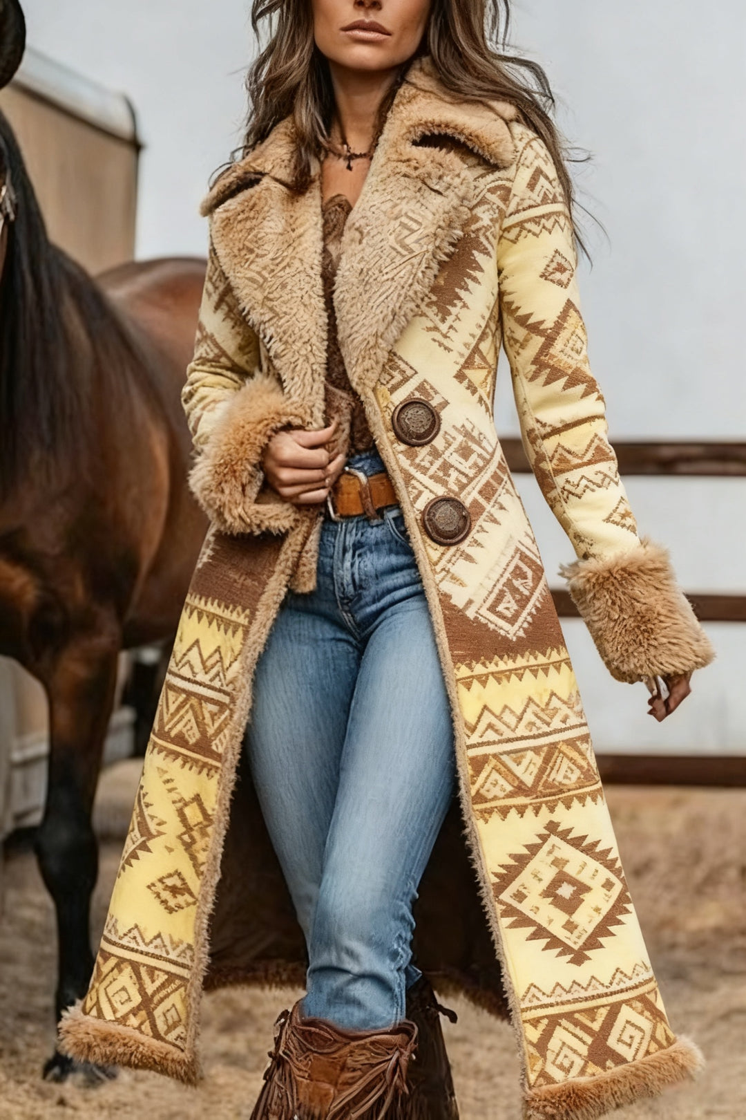 Women's western vintage plush warm jacket, tan geometric print with sherpa collar and button front