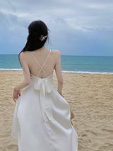 White Halter Dress With V-neck And Halter Back - WOMONA.COM