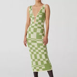 Women's V-neck Sleeveless Vest Plaid Knitted Dress - WOMONA.COM