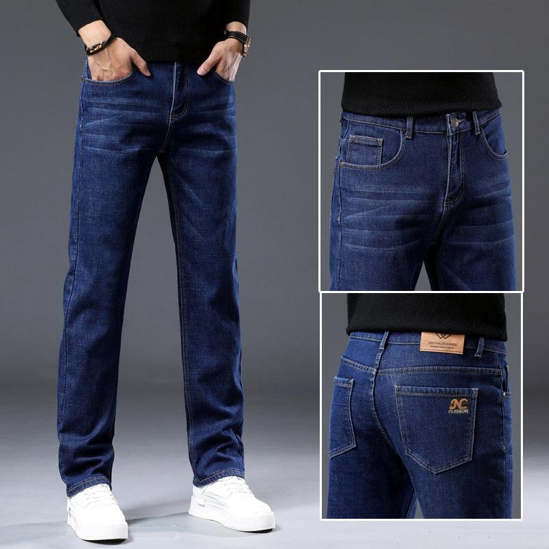 Men's winter fleece-lined thick jeans, blue denim straight fit with pocket close-up