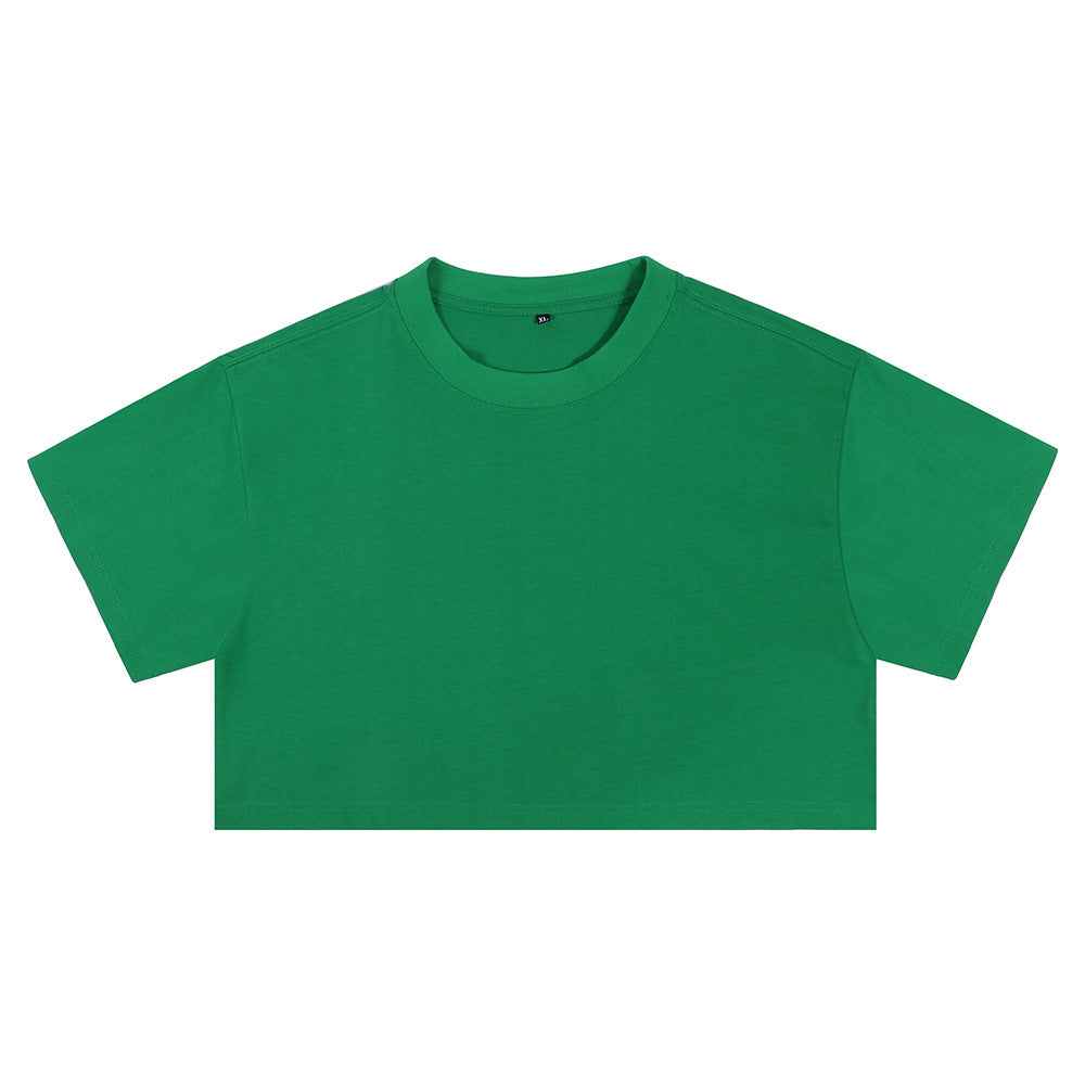 Green loose crop T-shirt with short sleeves and round crew neck