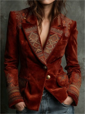 Women’s dark red embroidered coat with V-neck, stand collar, and gold button