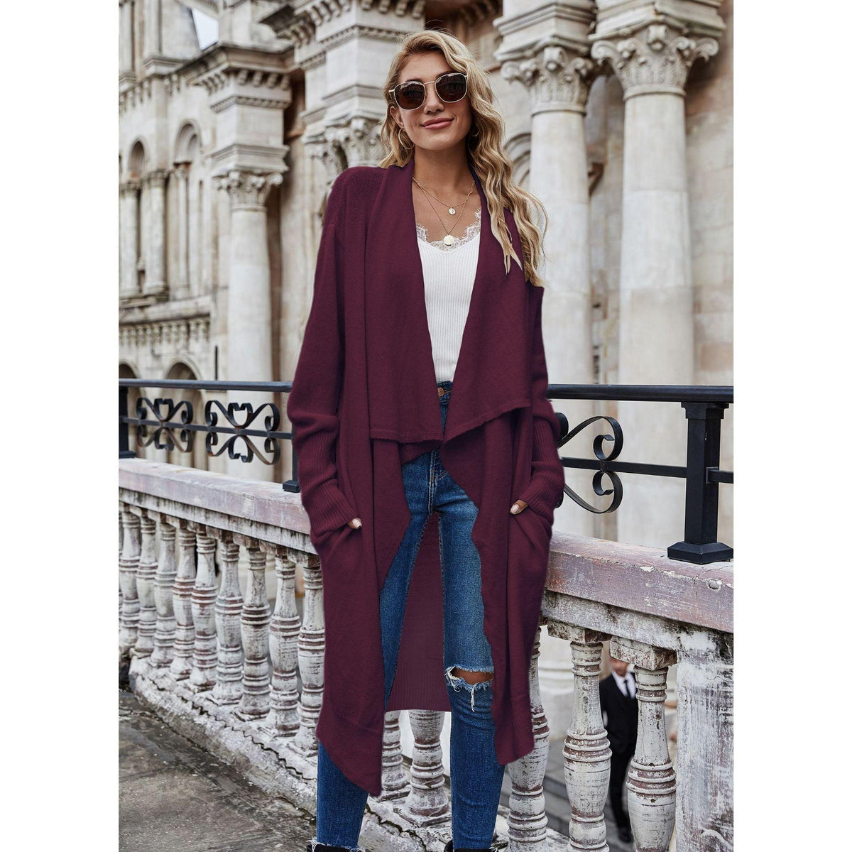 Wine red knitted long coat with draped open front and long sleeves