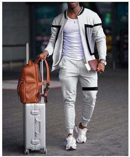 Light gray two-piece set with colorblock jacket, white T-shirt, and matching jogger pants